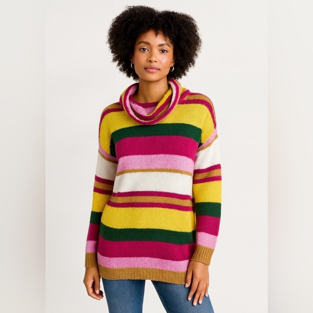 Eighty2 by Figaro Multicolor Rainbow Striped Wool Blend Cowl Neck Sweater Size S